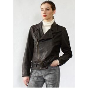 Vintage Ralph Lauren Women's Brown Leather Motorcycle Jacket M Belted Boxy